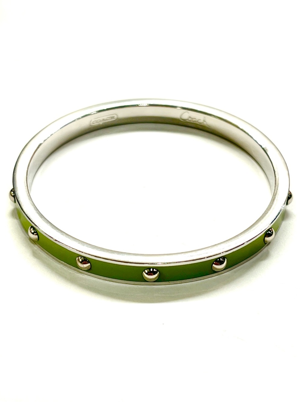 Coach Silvertone Green Enamel Studded Bangle Bracelet EUC